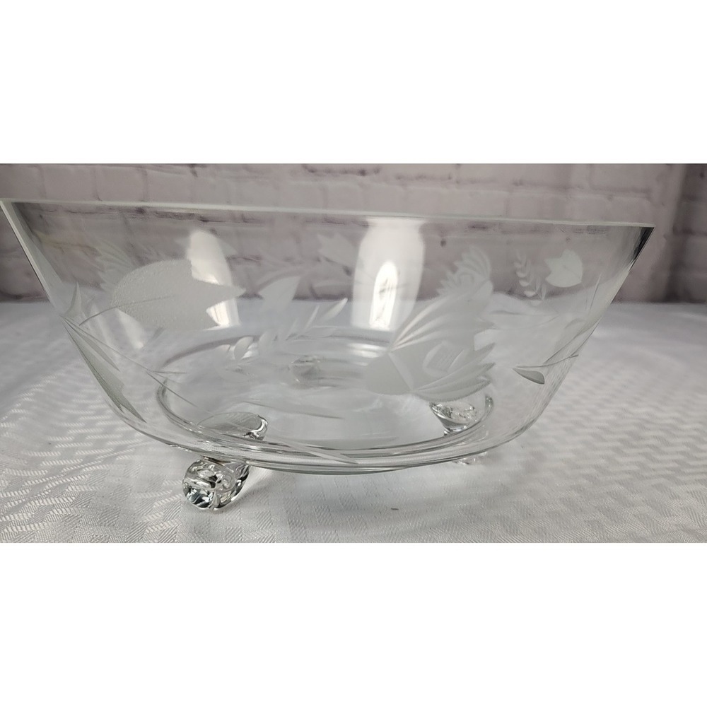 Vintage Princess House Etched Glass Footed Bowl Wheat And Flowers- 8.5" Beauty!